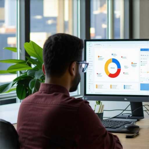 Person reviewing local SEO analytics with Omaha skyline in background.