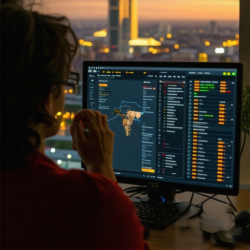 Person analyzing local SEO metrics on a computer with Omaha cityscape