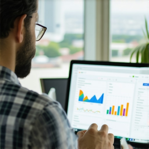 Business owner reviewing local SEO analytics with Omaha skyline