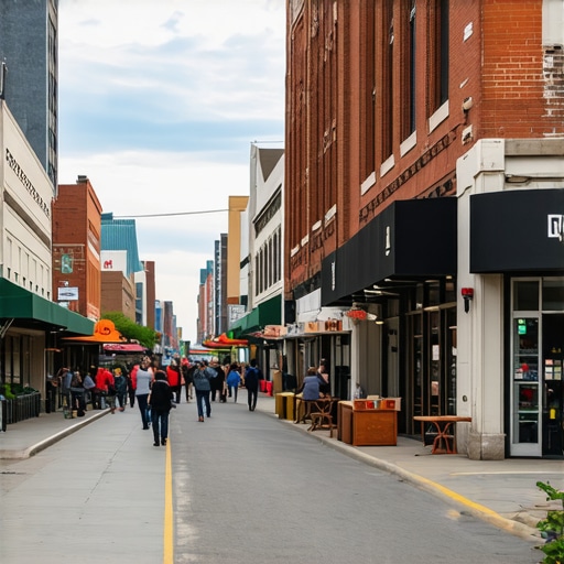 Bustling Old Market district in Omaha with local businesses and people