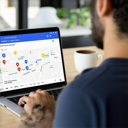 Business owner working on GMB profile on laptop with local maps