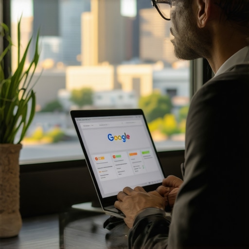 Business owner updating Google My Business profile with Omaha cityscape in background.