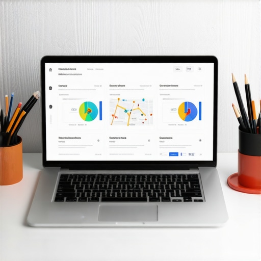 A workspace with SEO analytics and local map tools on a laptop screen.