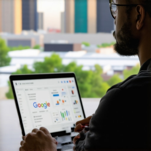 Omaha Business Profile Optimization Business owner updating GMB profile in Omaha with city skyline