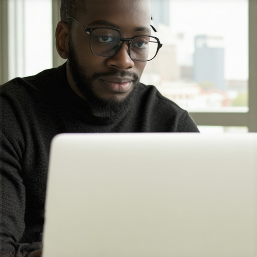 Business owner working on Google My Business profile on a laptop with Omaha cityscape