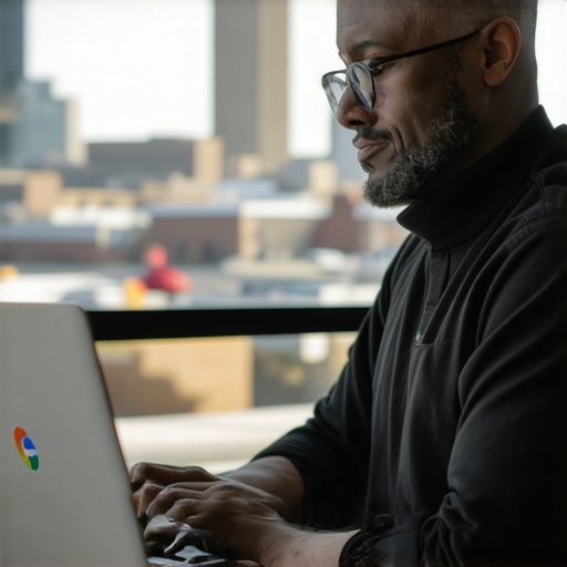 Omaha business owner updating Google My Business profile on a laptop with Omaha landmarks in the background.