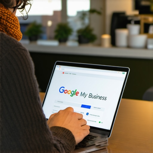 Business owner editing Google My Business profile on a laptop in Omaha storefront.