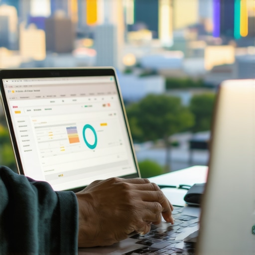 Using SEO tools for Omaha local maps Person analyzing local SEO data on a laptop with Omaha skyline in the background