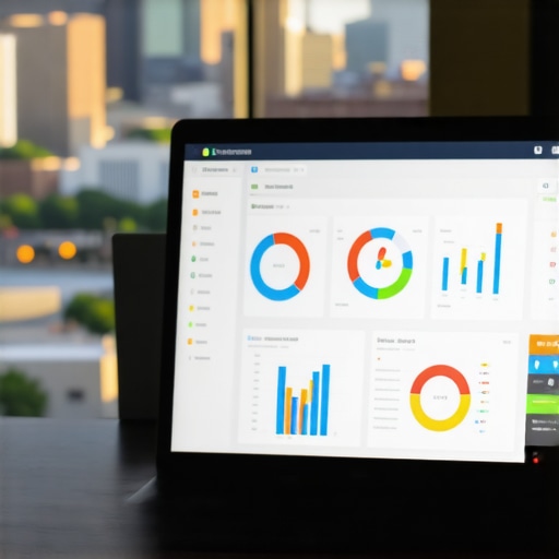 Laptop showing Omaha local SEO dashboards with city skyline