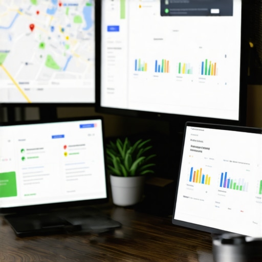A professional SEO desk setup with multiple monitors displaying local search analytics for Omaha.