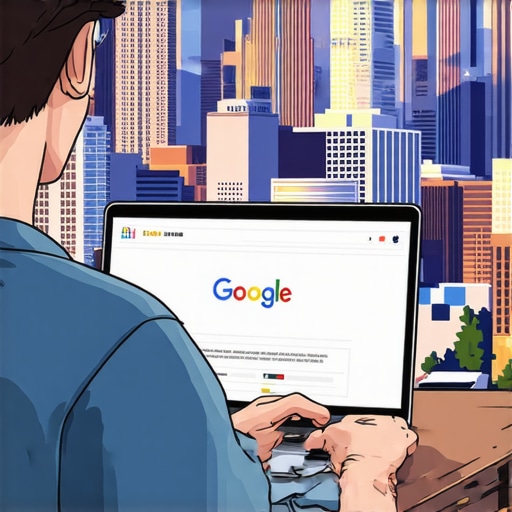 Optimizing GMB Profile in Omaha Person working on Google My Business profile with Omaha cityscape background.