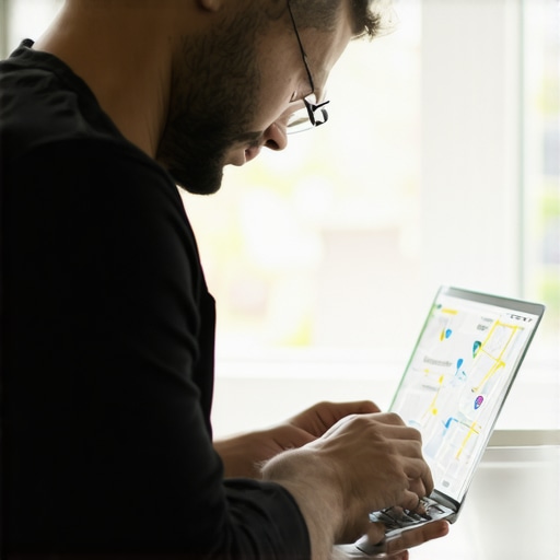 Omaha business owner working on Google My Business listing with local map display.