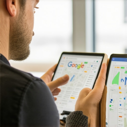 Business owner analyzing map and profile data on tablet for local SEO in Omaha.