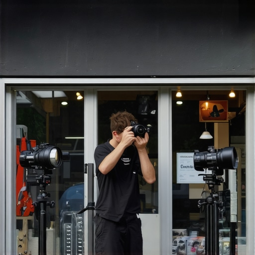 Photographer capturing high-quality images of an Omaha shop exterior with professional equipment.