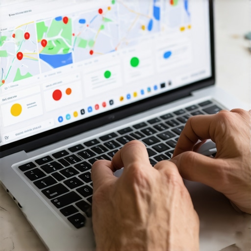 Person managing local SEO with laptop and maps visualization