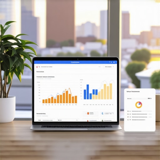 Laptop displaying SEO analytics tools with Omaha cityscape background