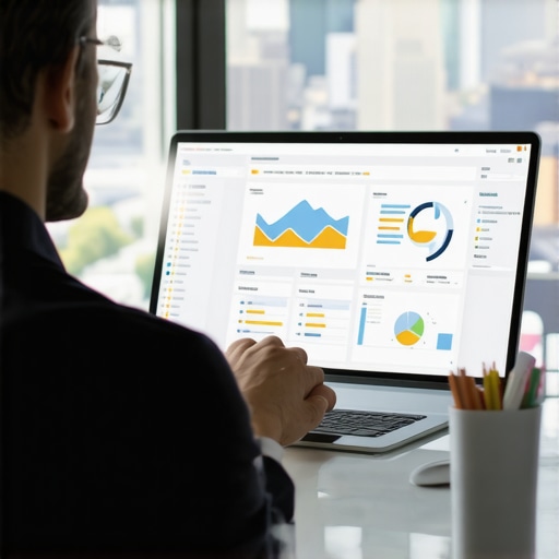 Business owner analyzing local SEO metrics on a computer with Omaha skyline behind