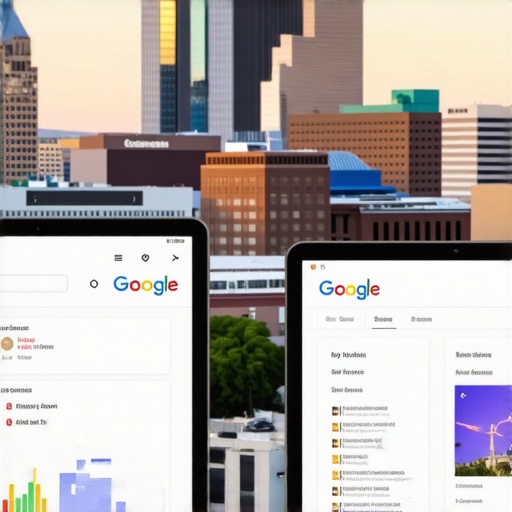 Business owner optimizing GMB profile with Omaha skyline in background.