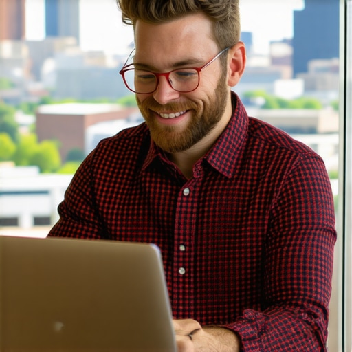 Optimizing Local Maps in Omaha Omaha business owner editing GMB profile with cityscape background