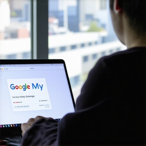 Person editing Google My Business profile on laptop with Omaha skyline