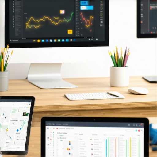 A workspace with computers displaying local SEO dashboards, review management and schema markup code for Omaha businesses.